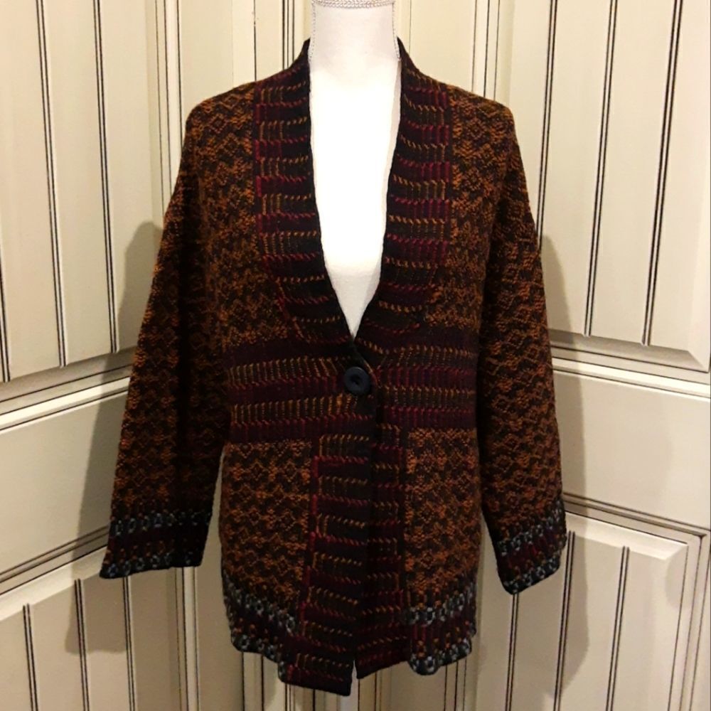 A Ida Cardigan Sweater Large One Button Multicolor Wool Blend